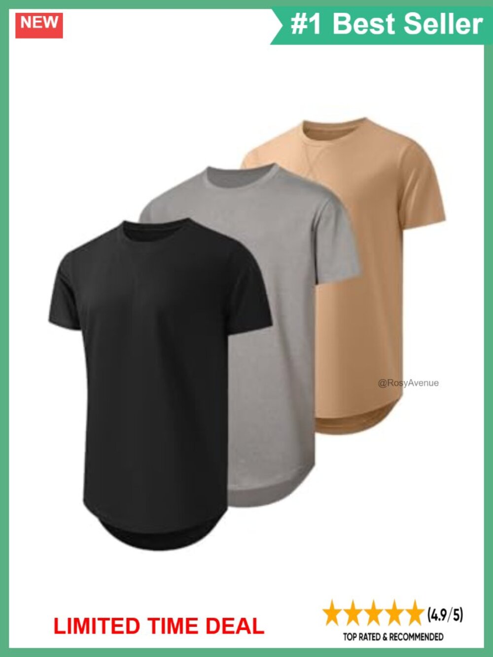 Men's 3 Pack Longline Crewneck T-Shirts Stretch Jersey Casual Streetwear Tee Set